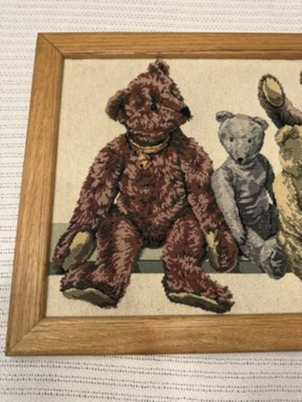 Vintage 90s Dakotah Woven Tapestry Textile Teddy Bears Handmade Oak Frame 36x16
